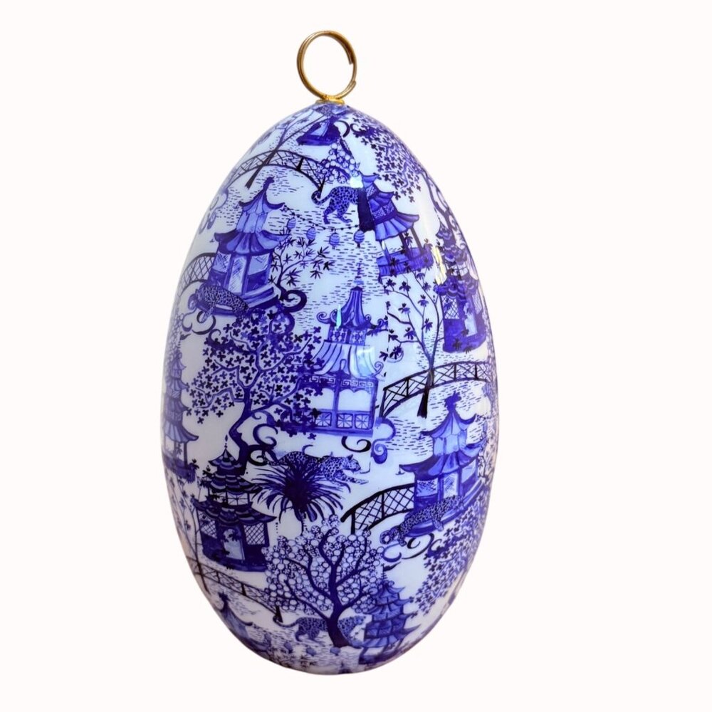 Asian Pagoda Toile Porcelain Egg Blue White Oriental Landscape Hanging Loop Deco
